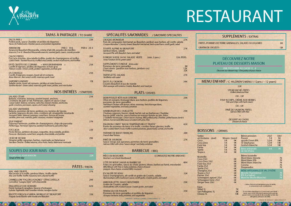 Le menu du restaurant de la Plage de l'Ouillette à Val d'Isère