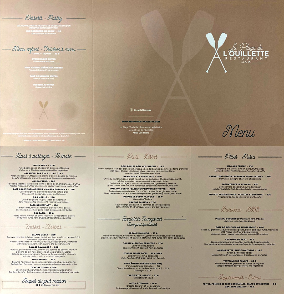 Carte restaurant la Plage las de l'Ouillette Val d'Isère