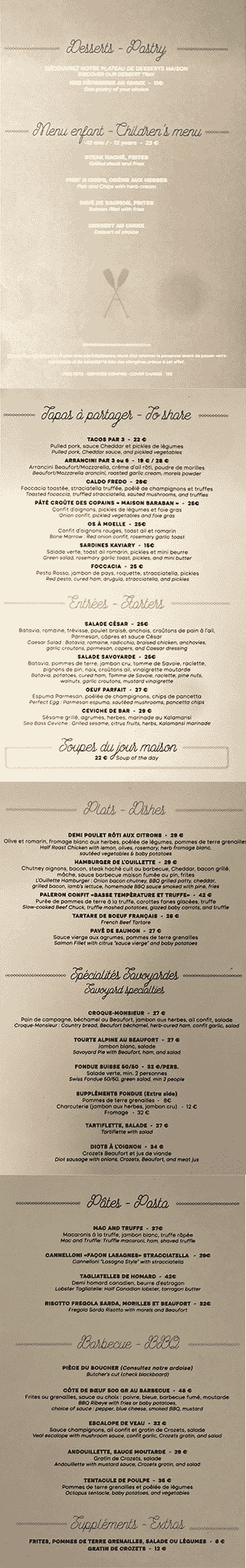 Carte Restaurant la Plage Ouillette Val d'Isère