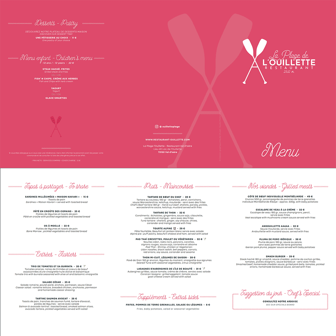 Carte restaurant la Plage las de l'Ouillette Val d'Isère